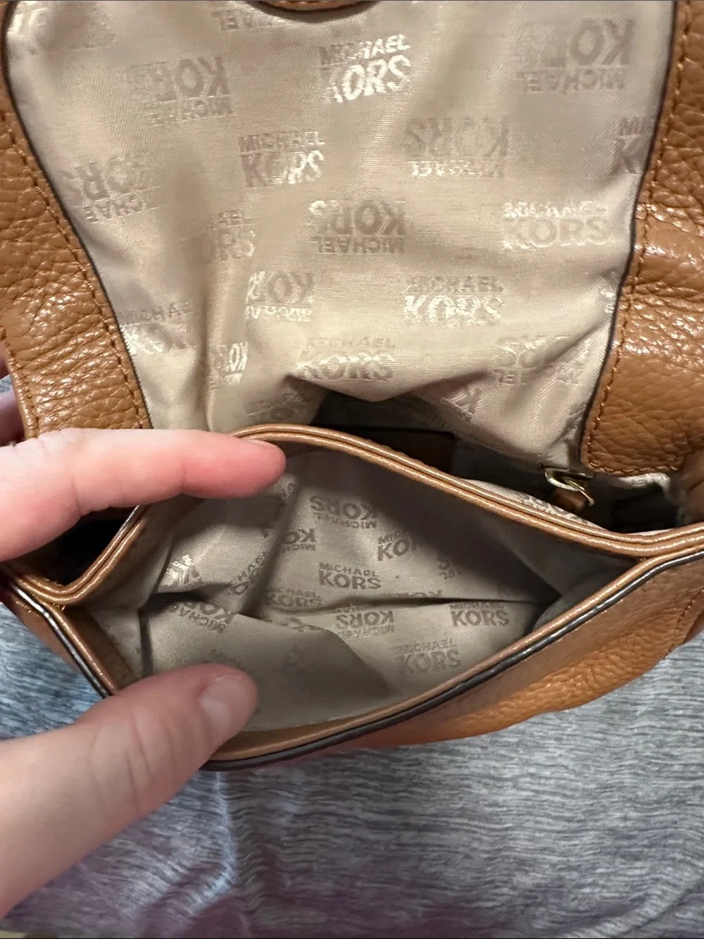 Michael Kors Tan Pebbled Leather Saddle Crossbody with Gold Chain